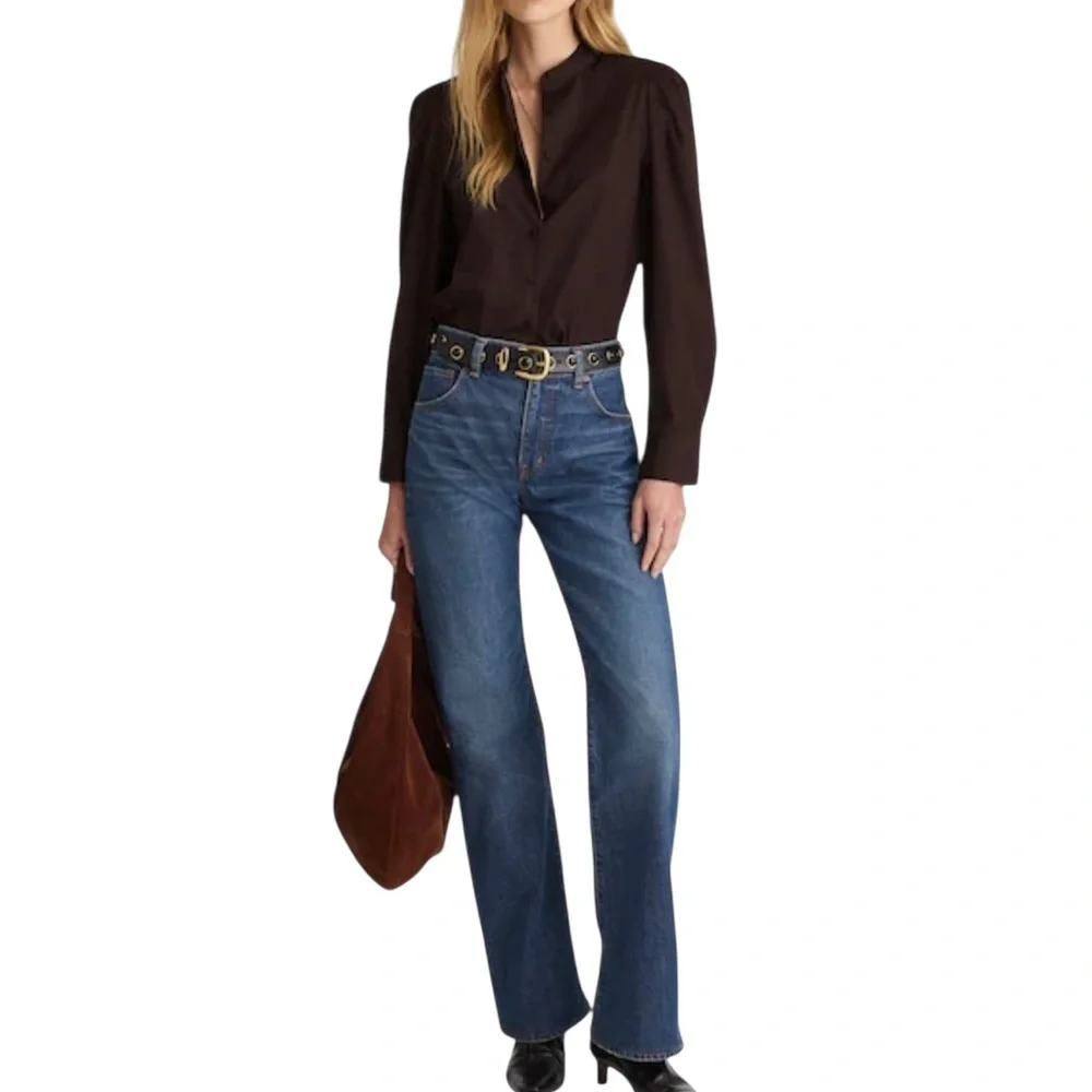 Madewell Women’s Puff-Sleeve Button-Up Cotton Shirt Blouse NWT S Molasses